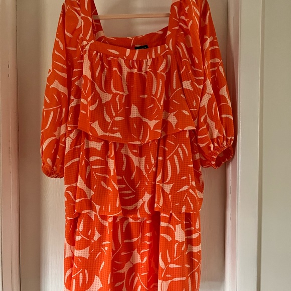 Who What Wear Orange Printed Tiered Dress with Balloon Sleeve SZ. L - Picture 3 of 6